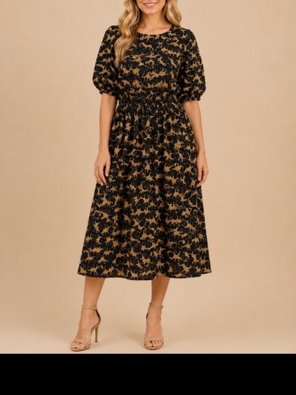 Leota Tan Midi Dress with Black Floral Print